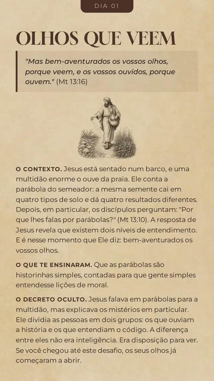 Página do ebook: Dia 01, Olhos que veem, com versículo e contexto